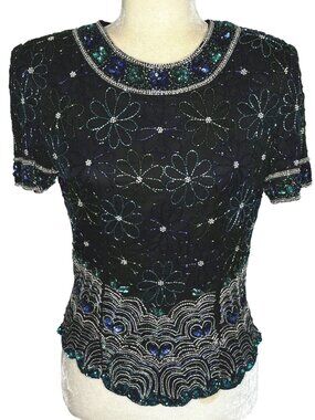 Vintage Laurence Kazar Black LBeaded Silk Top 90s Evening Glam Size Small